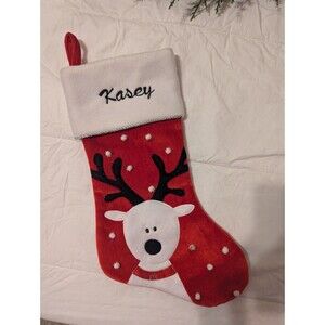 14" Red Reindeer Pompom Christmas Stocking "Kasey"